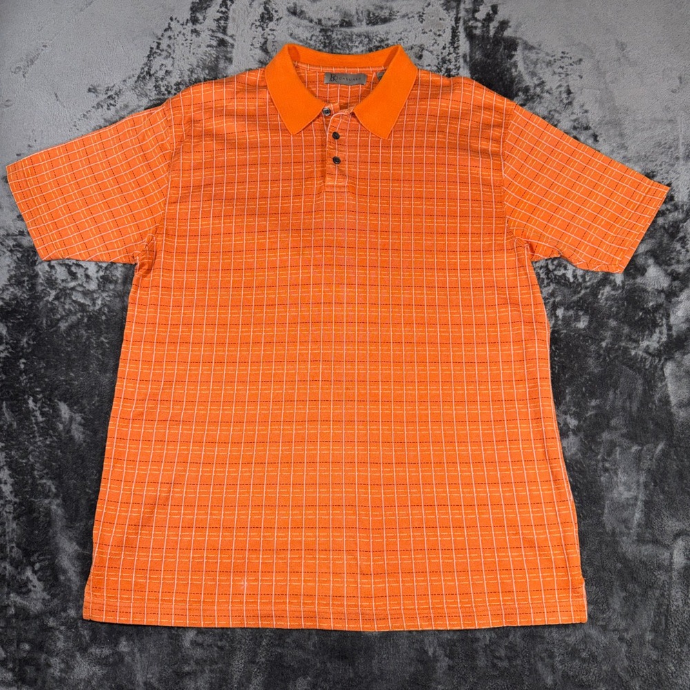 R&R Casuals Mens Large Orange Grid Mercerized Cotton Short Sleeve Polo Shirt